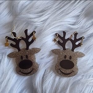 Reindeer Glittered Dangle Earrings - NWOT- Handmade